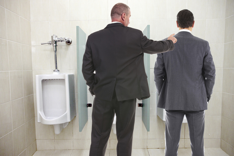 Manager Holds Impromptu Meeting, Penis At Urinal.