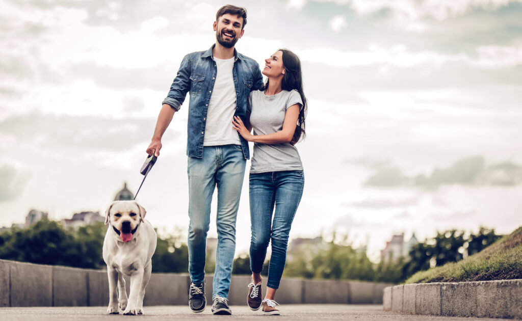 Couple walking their dog